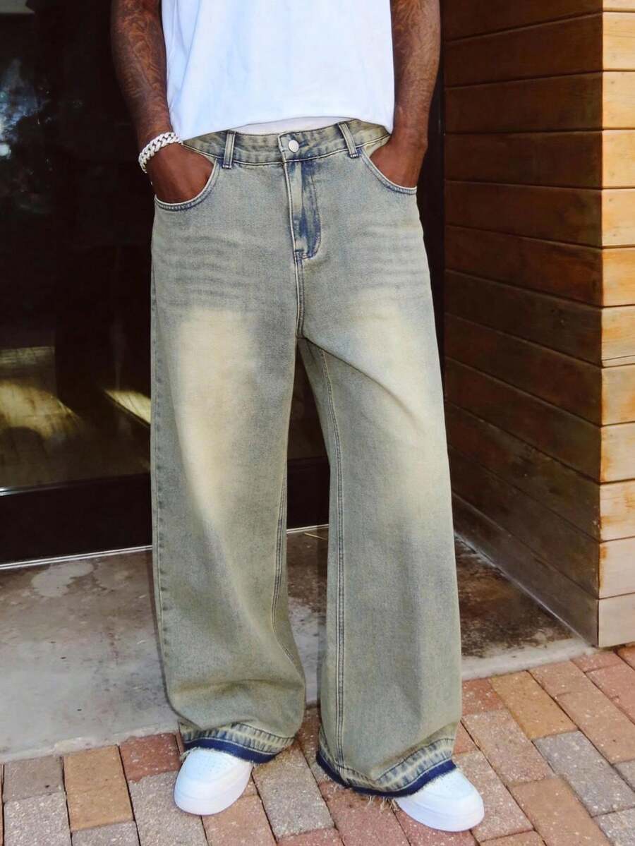 男士复古宽松阔腿牛仔裤，破洞毛边裤脚，休闲街头风，适合所有季节 - 芥末黃 - 查看 1