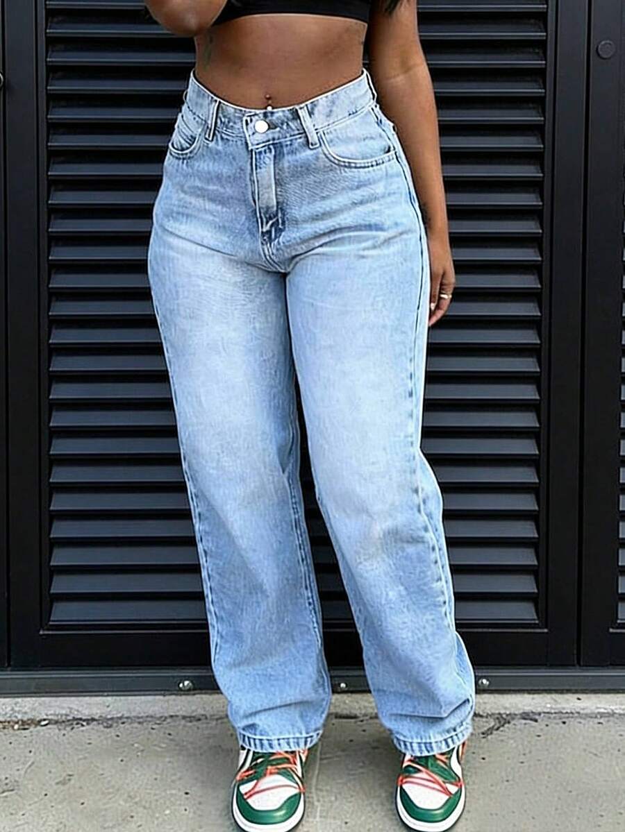 Women's Casual Washed Loose Straight Leg Jeans - Light Wash - View 1