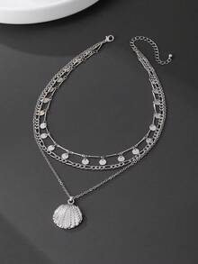 1pc Minimalist Beach Vacation Style Silver Metal Shell Pendant Multi-Layer Chain Necklace, Suitable For Men's Beach, Summer Party, Casual, Travel Outfits (No Gift Box) - Silver - View 2