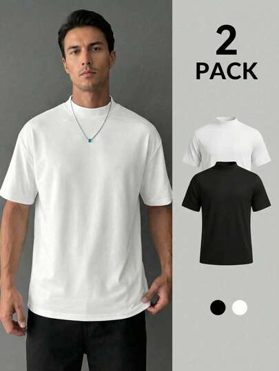 2件装男士宽松薄款半高领短袖T恤，日常基本款