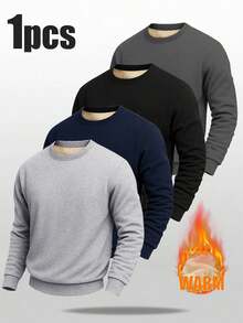 Men's Casual Fleece Lined Warm Crew Neck Sweatshirt, Autumn/Winter - Light Grey - View 1