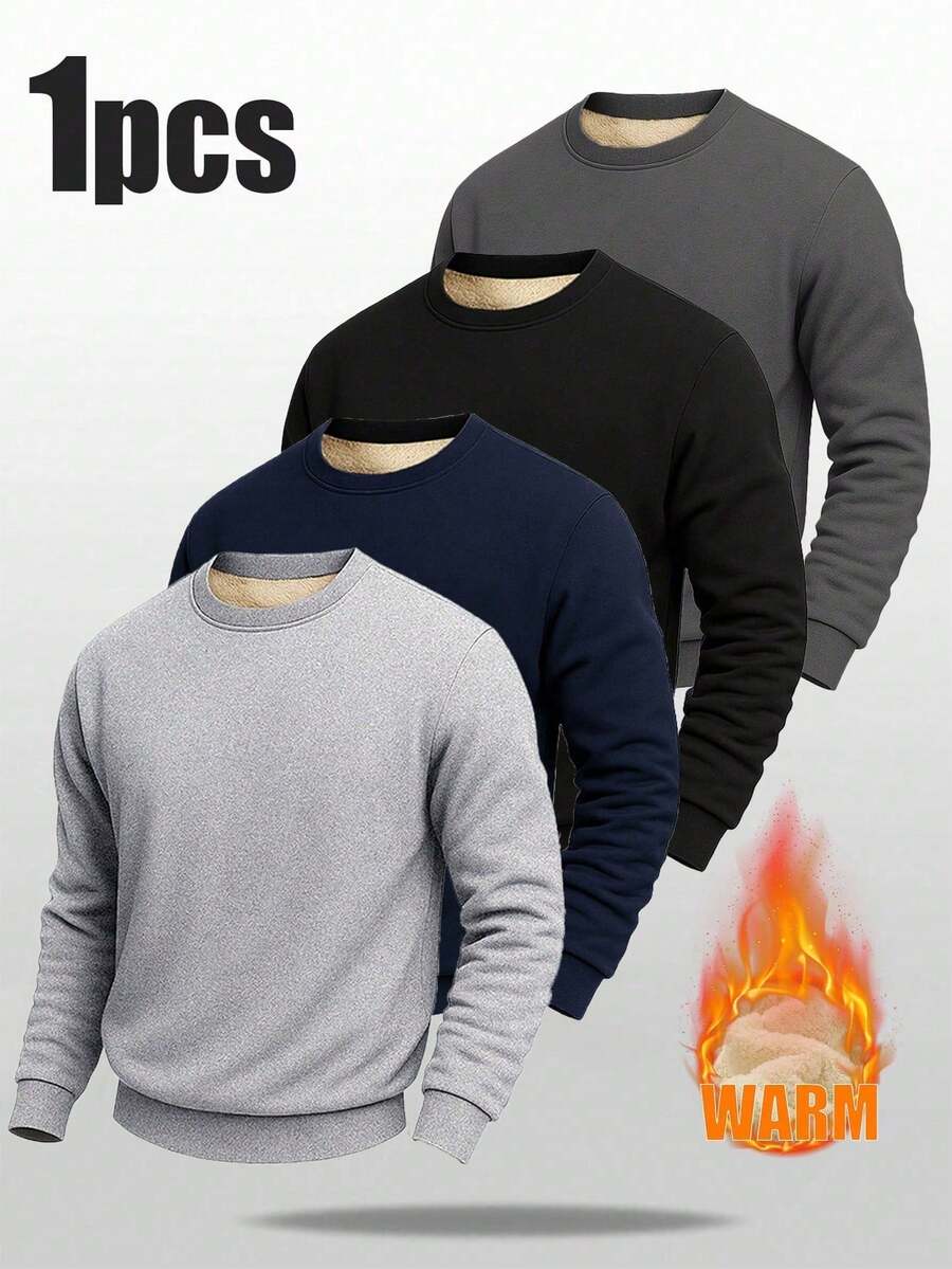 Men's Casual Fleece Lined Warm Crew Neck Sweatshirt, Autumn/Winter - Light Grey - View 1