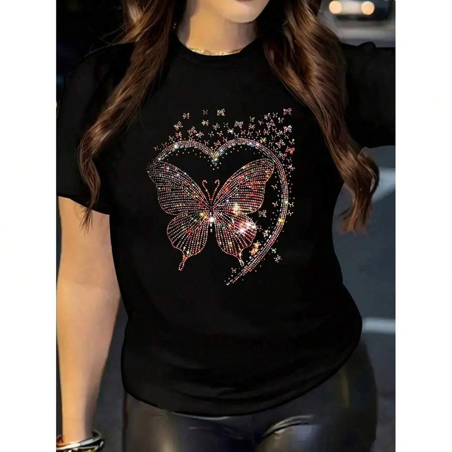 Women's Valentine's Day Butterfly Graphic T-Shirt - Black Casual Round Neck Tee With Heart-Shaped Rhinestone Design, Machine Washable Spring Summer Fashion Top, Everyday Style, Durable Casualwear - White - View 1