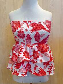Printed Cropped Top With Elastic And Ruffle Detail. - Rose Red - View 2