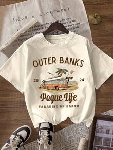 Outer Bank Graphic Print Casual Round Neck Short Sleeve Minimalist T-Shirt, Daily Casual Wear - Light Apricot - View 1