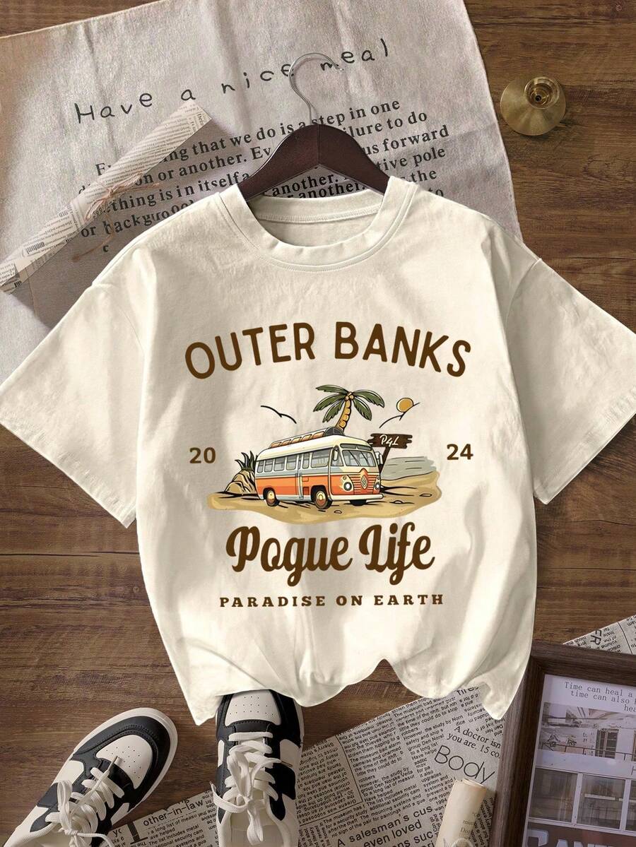 Outer Bank Graphic Print Casual Round Neck Short Sleeve Minimalist T-Shirt, Daily Casual Wear - Light Apricot - View 1