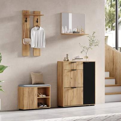 Wall-Mounted Entryway Wardrobe Set; Comprising A Shoe Bench And Shoe Cabinet, 1 Mirror, 1 Drawer, 2 Hooks, 4 Doors, Natural And Black Color, W 140 * D 35 * H 139 Cm
