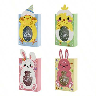 12PCS Easter Theme Bunny Chick Design Candy Treat Paper Boxes With Window Happy Easter Party Favour Gift Goody Treat Paper Boxes