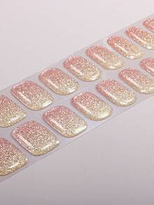 22pcs Elegant Pink & Gold Gradient Glitter French Style Gel Nail Stickers, Low Allergy, Long-Lasting, No UV Lamp Needed, Suitable For Women & Girls Daily, Party, Wedding DIY Manicure, Great Gift Nail Supplies - Multicolor - View 3