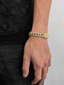 1条镀金水钻12毫米菱形锆石手链，嘻哈链闪亮情侣手链，翻盖扣 - 金色 - 查看 5