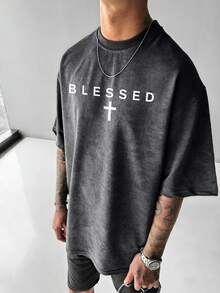 Zrgoth 男士休闲百搭简约胸前图案英文标语印花短袖T恤 - 深灰色 - 查看 2