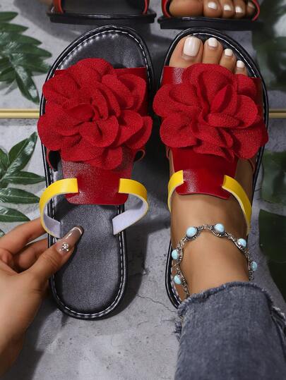 Green & Yellow Floral Flat Slippers - Leaf Trim Flower Decor Open Toe Slip-On Sandals, Color Block Strap Casual Summer Shoes, Lightweight Soft Sole Beach Flip Flops, Suitable For Vacation And Daily Wear