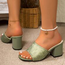 Elegant Lace Pattern Decor Chunky Heel Slide Sandals, Open Toe Mule Slippers, High Heel Slip-On Sandals For Summer - Green - View 5
