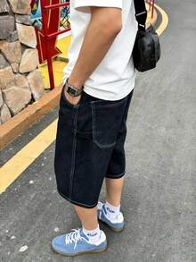 男士宽松海军蓝休闲街头风牛仔短裤 - 黑色 - 查看 2