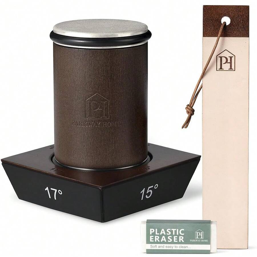 Rolling  Sharpener With Leather Strop And 15, 17, 20 & 22 Degree Angles -  Sharpener Kit - Roller  Sharpening System With Stand, Holder & Eraser - Walnut Brown - Với dây da - Xem 1