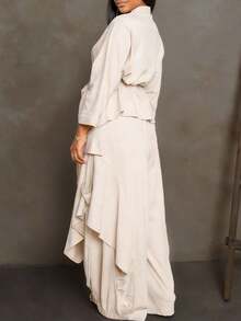 GLOURI Women's Cream Two-Piece Loungewear Set - Open Front Tie-Waist Kimono & Wide-Leg Ruffled Pants | Relaxed Effortless Fit For Beach Vacation, Casual Hangouts & At-Home Lounging (Flowy Ruffled Silhouette & Minimalist Neutral Design) - 米白色 - 查看 3