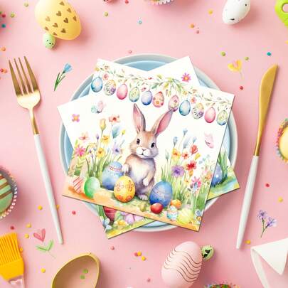 20pcs/Pack Easter Bunny Paper Napkins, 2-Ply Disposable Guest Towels With Rabbit, Egg And Chick Designs, Suitable For Easter Holiday Celebration Restaurant Decoration