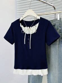 Frill Trim 2 In 1 Lace-Up Summer Short Sleeve Top - Navy Blue - View 8