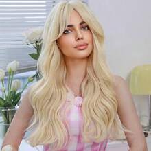 mujeres de 27inch pelo largo rubio directo resistente sintético resistente,Peluca larga grande ondulresistente al calor del pelo para disfraz de fiesta de Cosplay, las mujeres con la peluca Natural que mira de los flepara las mujeres de Halloween Cosplay (rubia) - Dorado - Ver 5