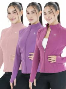 3-Piece Women's Sports Jacket With Thumb Hole, Small Stand Up Collar, Streamlined Long Sleeved Jacket With Pull Pockets, Low Impact Sports Yoga For Daily Casual Wear In Spring, Autumn And Winter - 彩色 - 查看 8