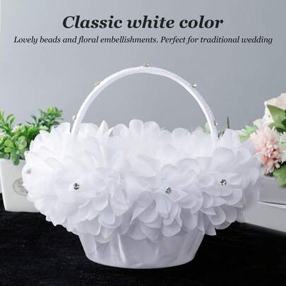 Elegant White Flower Girl Basket With Petals And Beads – Wedding Bridesmaid Handbag