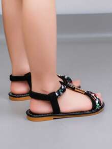 1 Pair Girls Sandals, 2026 New Outdoor Walking Shoes, Bohemian Style Woven Strap Versatile Girls Flat Sandals, Suitable For Daily, School, Shopping, Travel, Beach - Black - View 6