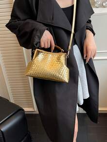 Women's Retro And Minimalist Crochet Handbag, With A Woven Texture And Pleated Cloud Buckle Design, Suitable For Outings, Gatherings, And Daily Use - Gold - View 7