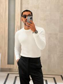 Men's Sweater, Long Sleeve, Ribbed Cotton, ESSENTIAL, Round Neck - White - View 5