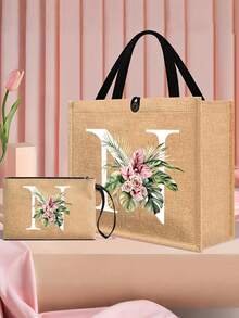 1个简约字母印花亚麻手提袋，情人节女友礼物，多功能便携亚麻手提袋，适合教师节、教师节、女士等场合，字母印花手提袋，化妆包，精美旅行沙滩包，可重复使用的购物袋，适合婚礼、生日、海滩、假日等场合。 - 彩色 - 查看 6