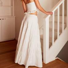 Y2k Ruffle Long Skirt Sets For Women 2 Piece Outfits Summer Ruched Backless Cami Top Matching Boho Maxi Skirt Set - White-a - View 2