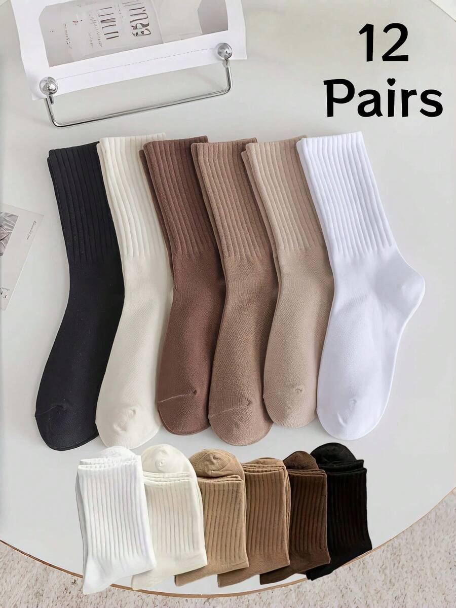 Women's 12-Pack Comfort Everyday Socks - Breathable, Moisture-Wicking & Odor-Resistant With Seamless Toe | Suitable For Spring And Autumn | Neutral Colors (Black, White, Cream, Light Coffee, Khaki, Chocolate) - 12 đôi (màu hỗn hợp) - Xem 1