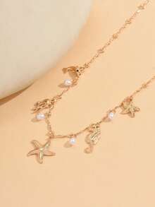 1件夏季海洋风多吊坠项链，时尚金色海洋生物和仿珍珠项链，适合日常佩戴和海滩度假 - 彩色 - 查看 3