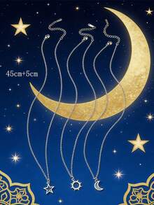 3pcs Silver Stainless Steel Star, Sun And Moon Design Friendship Necklace Set, Suitable For Women Daily Wear Or As A Vacation Or Back To School Gift - Yellow Gold - View 9