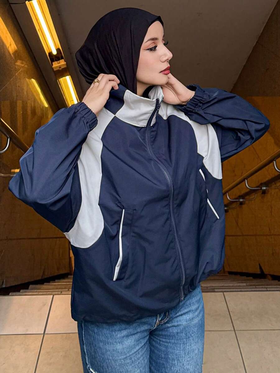 DAZY 女士拼色领拉链夹克，长袖 Y2k - 藏蓝色 - 查看 1