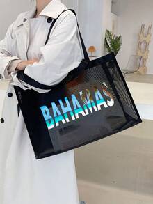 4-Piece Large Capacity Mesh Beach Bag Set - Printed With "Bahamas" Pattern, Featuring Tropical And Beach Elements; Foldable Waterproof And Sand Proof Mesh Handbag+Matching Mesh Cosmetic Storage Bag, Foldable Beach Sun Hat, Durable Fashion Glasses. Breathable, Lightweight - Multicolor - View 3