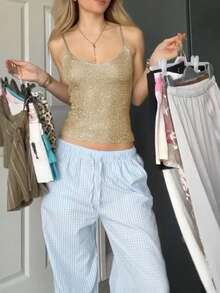 For Love & Bella Women's Casual Cute Y2K Sexy Shiny Sequin Knit Camisole Spaghetti Strap Top, Women's Summer Outgoing Holiday Party Nightclub Date Music Festival Country Music Concert, Gold/Yellow - Gold - View 5