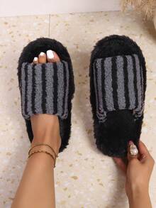 Damen Überkreuz Offene Zehe Flauschige Hausschuhe, Bequeme Innen-/Außen Rutschfeste Hausschuhe, Plüsch Paar Hausschuhe, Modisches Design - Schwarz - Übersicht 11