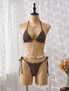 2026春夏女士沙滩比基尼套装，钩针编织露背系带比基尼上衣搭配钩针编织抽绳波西米亚风比基尼下装，三件套女士沙滩比基尼，适合海滩度假和泳池派对 - 棕色 - 查看 6