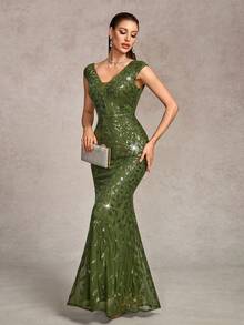 Đầm dạ hội thanh lịch cổ chữ V, thêu ren và đính sequin, dáng đuôi cá, thích hợp cho khách dự đám cưới, lễ tốt nghiệp, dạ hội mùa xuân. - Màu xanh Ô liu - Xem 8