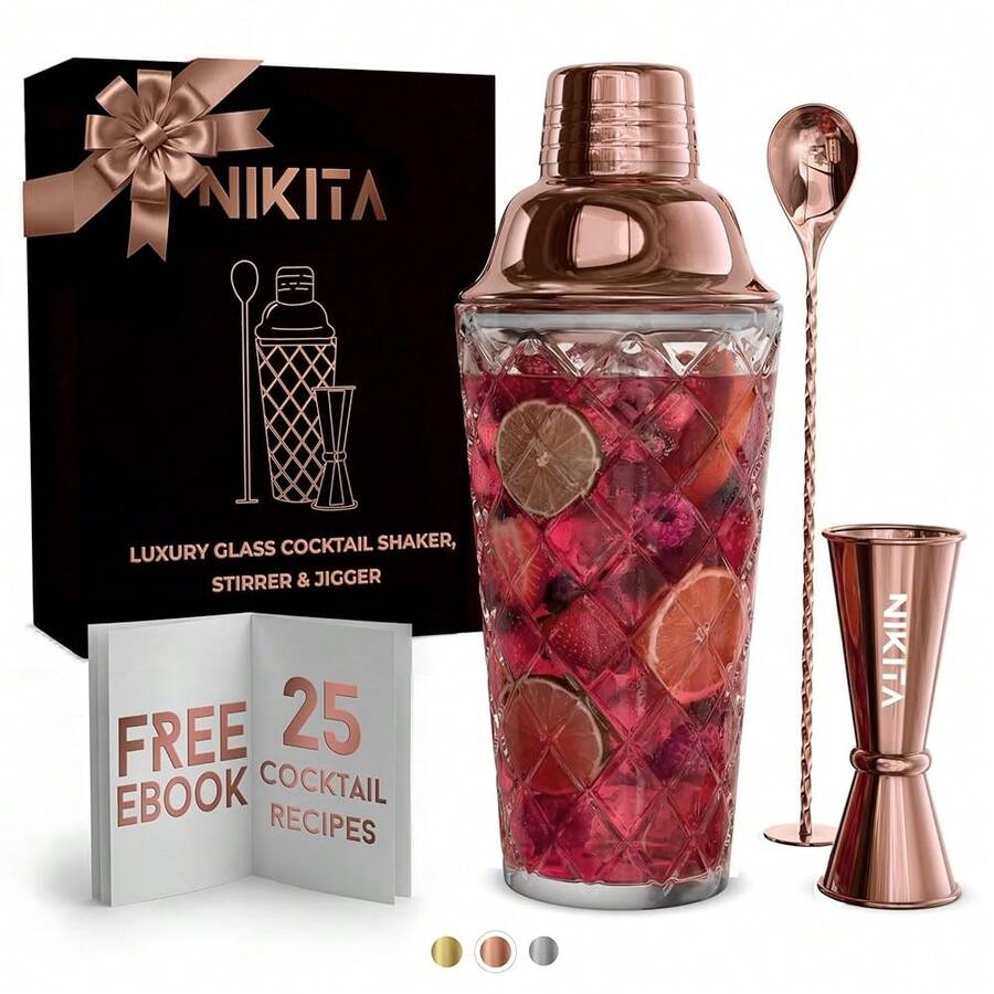 Glass Cocktail Shaker Set - 5 Piece - Rose Gold Martini Shaker Set With Strainer, Jigger, Spoon & Muddler - 16 Oz Drink Shakers Cocktail - Ideal Gift For Home Bar & Drink Trolley Décor - Rose Gold - View 1