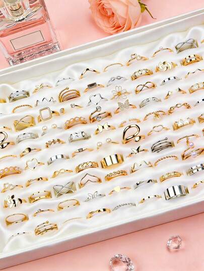 22/33/44 piezas/lote Anillos elegantes y encantadores para mujeres y hombres con rhinestones, perlas artificiales huecas y formas geométricas de estilos aleatorios, regalos románticos para San Valentín y accesorios para uso diario