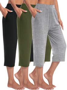 3 Pack Capri Pants For Women Loose Lounge Cropped Sweatpants Joggers Yoga Casual Workout Pants With Pockets - 黑色,淺灰,軍綠 - 查看 11