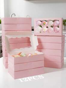 12pcs/1pc 7 X 4 3/8 X 1 1/2 Inch (17.8 X 11.4 Cm) Cookie Boxes With Clear Window, Small Pink Cookie Boxes For Bakery Snacks, Suitable For Desserts, Donuts, Pies, Candies, Macarons - Pink - View 14