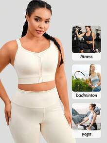 1pc Women Plus Size Front Zip Sports Bra, Lift And Support, Casual Wear Camisole Summer - Apricot - View 6