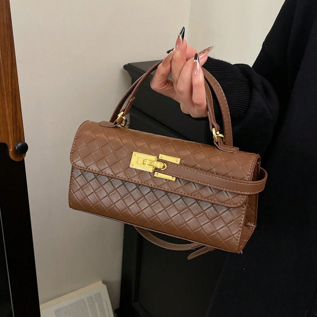 Bolso de mano y bolso de hombro de piel sintética de unicolor con solapa a cuadros para mujer