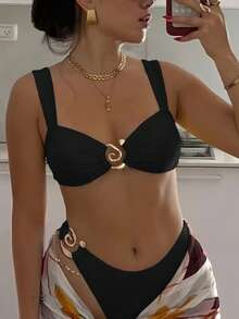 2pcs Sexy High Cut Skin Color Lingerie Set, Delicate Accessory Design, Spring/Summer Beach Vacation Black - Black - View 1
