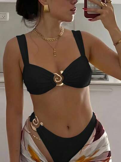 2 piezas Conjunto de lencería de color piel con corte sexy, diseño de accesorios delicados, para vacaciones de primavera/verano en la playa, color negro