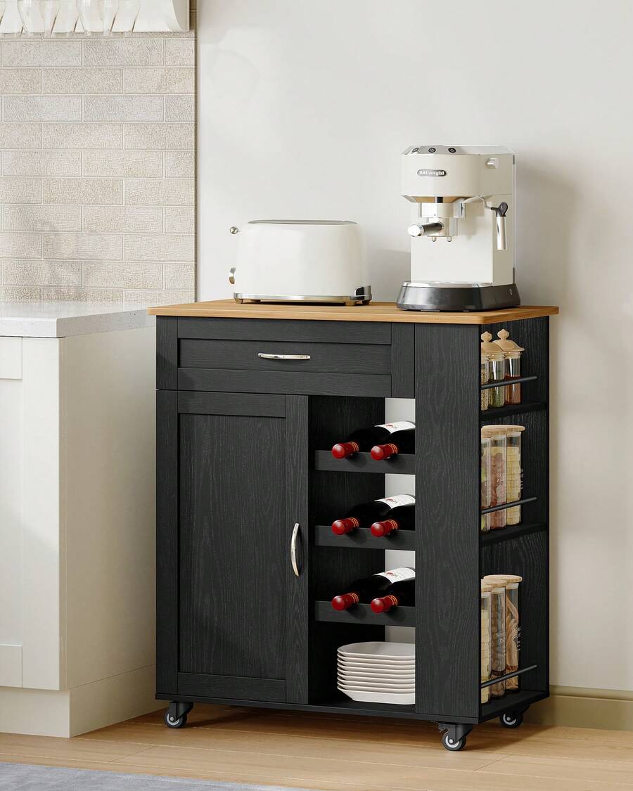 HaluPeit Serving Trolley With 3-Tier Wine Rack, Kitchen Trolley With Wheels, 3-Tier Storage Shelf, Wine Rack, For Kitchen, Living Rooms And Dining Rooms & Outdoor Use, 68 * 86 * 40 Cm - Black - View 1