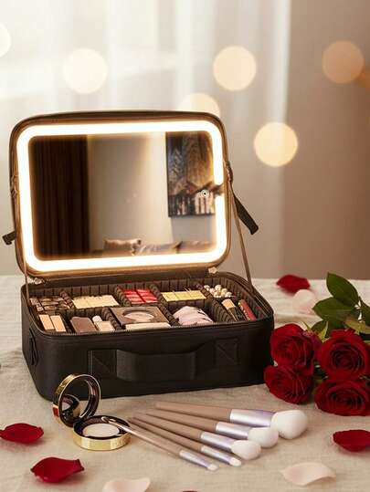 LED Lighted Mirror Makeup Organizer Box, Portable Travel Makeup Bag With Rechargeable LED Light Mirror, Suitable For Lipstick, Brushes, Skincare, Phone, Coins,Makeup Bag,Travel Essential
