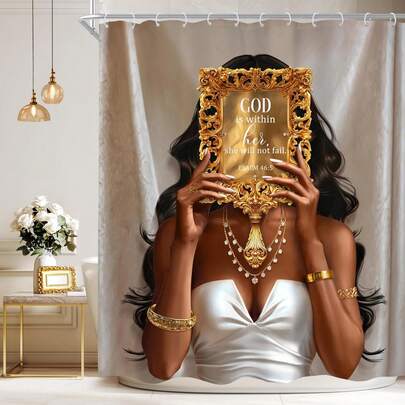 African American Shower Curtain, Golden Mirrow Inspirational Quotes Modern Fashion Positive Girly Bathroom Curtain Set, Afro Lady Bath Bathroom Accessories Decor
